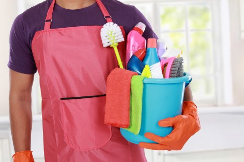 Cleaner assessing a carpet cleaning job with safety focus